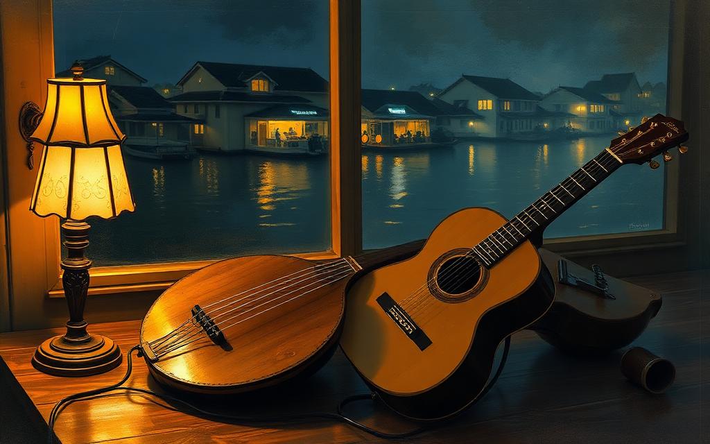Đàn tranh và guitar phím lõm bên cửa sổ nhìn ra sông